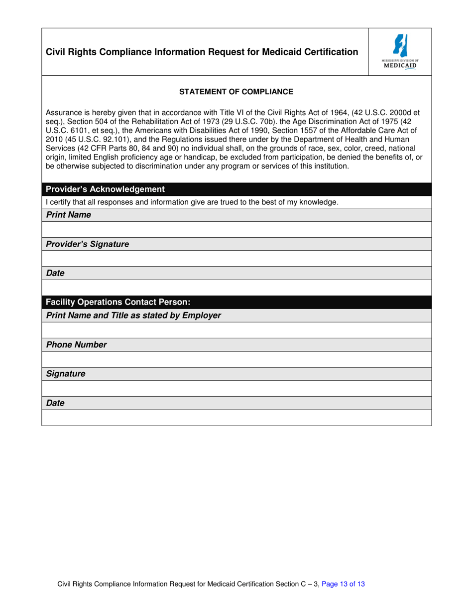 Civil Rights Compliance Information Request for Medicaid Certification - Mississippi, Page 13
