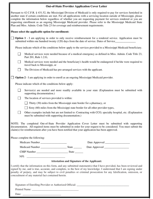 Out-of-State Provider Application Cover Letter - Mississippi Download Pdf