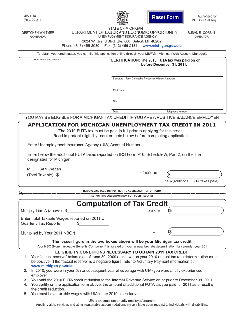 Form UIA1110 Application for Michigan Unemployment Tax Credit - Michigan, Page 1