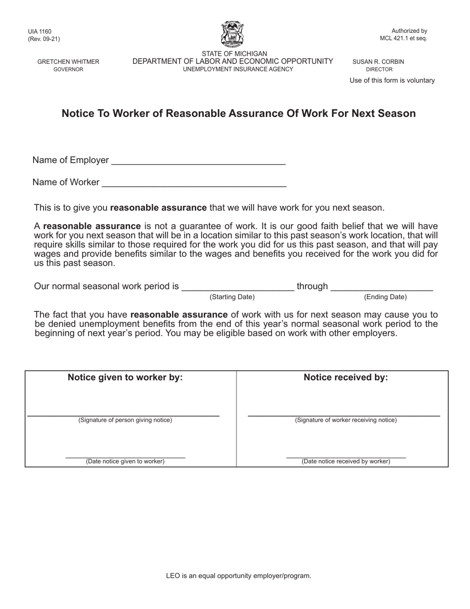 Form UIA1160 Notice to Worker of Reasonable Assurance of Work for Next Season - Michigan, Page 1