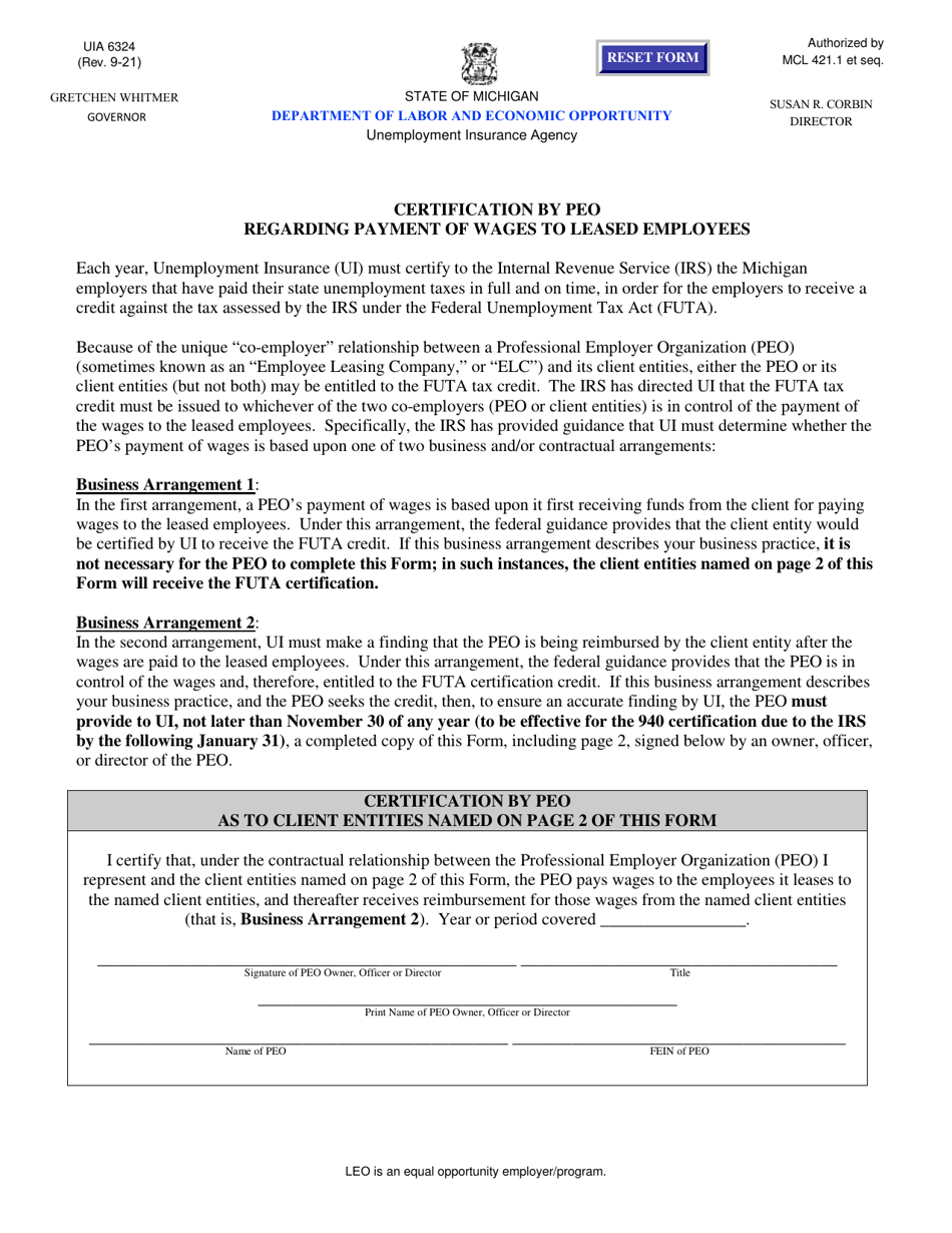 Form UIA6324 Certification by Peo Regarding Payment of Wages to Leased Employees - Michigan, Page 1