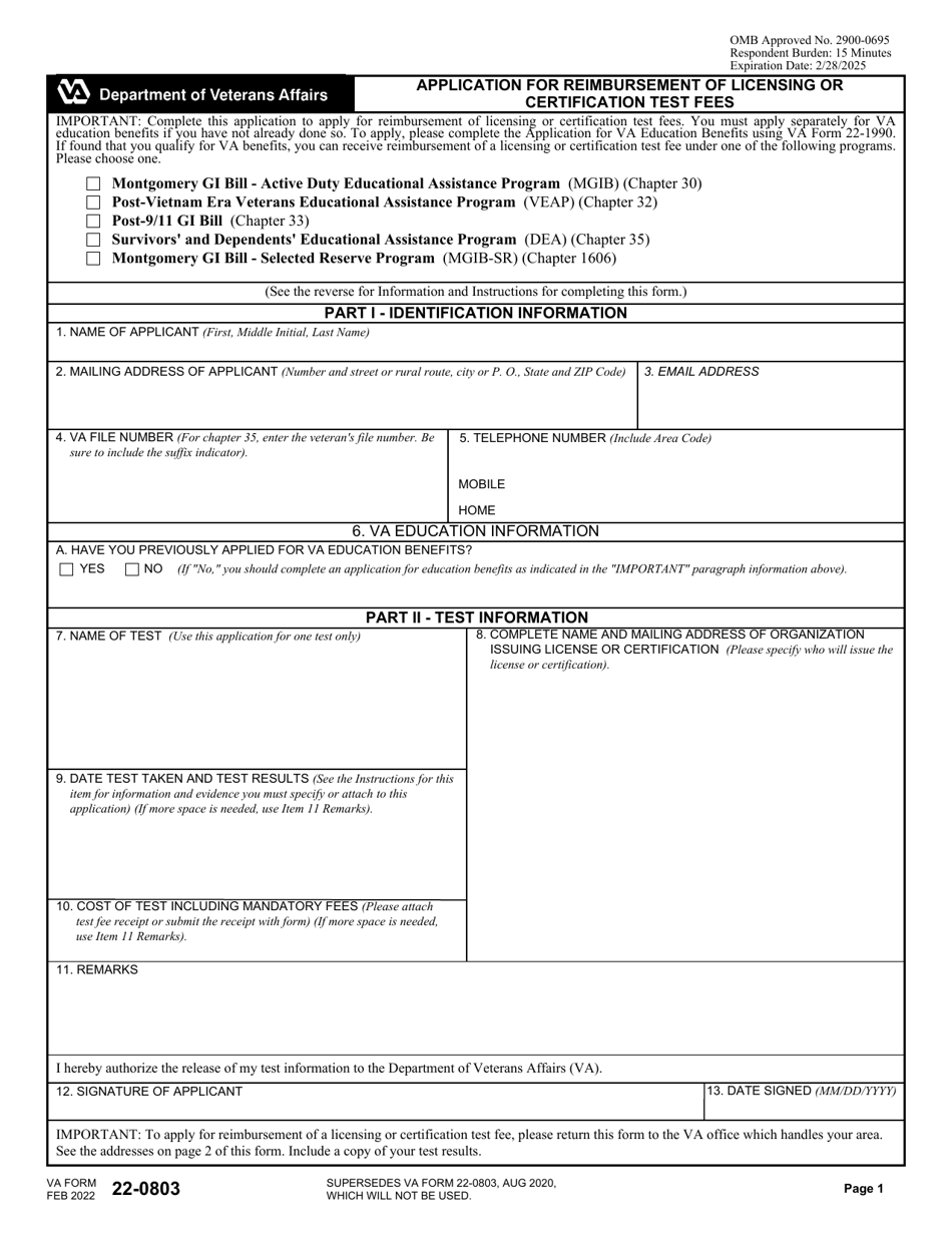 VA Form 22-0803 Download Fillable PDF or Fill Online Application for ...