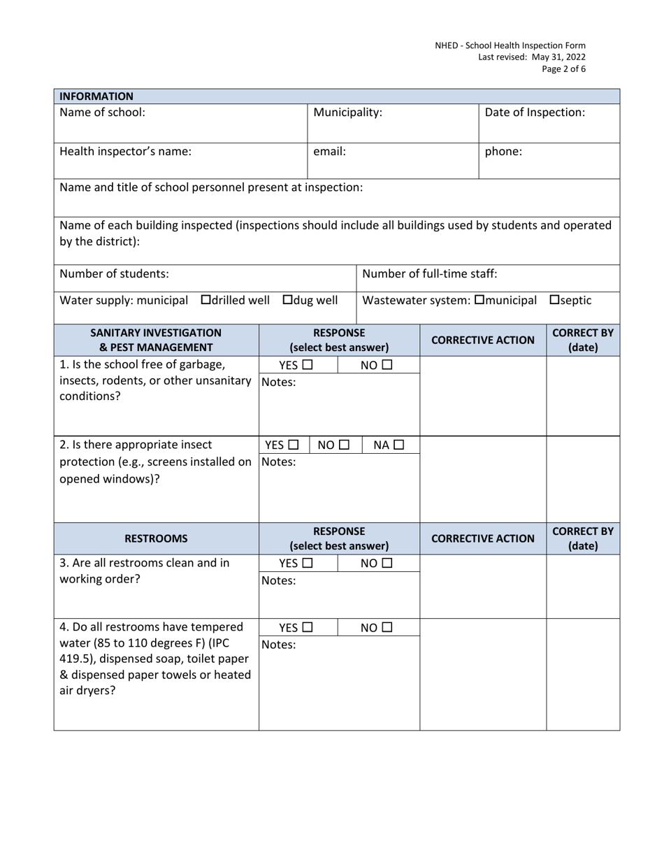 School Health Inspection Form - New Hampshire, Page 2