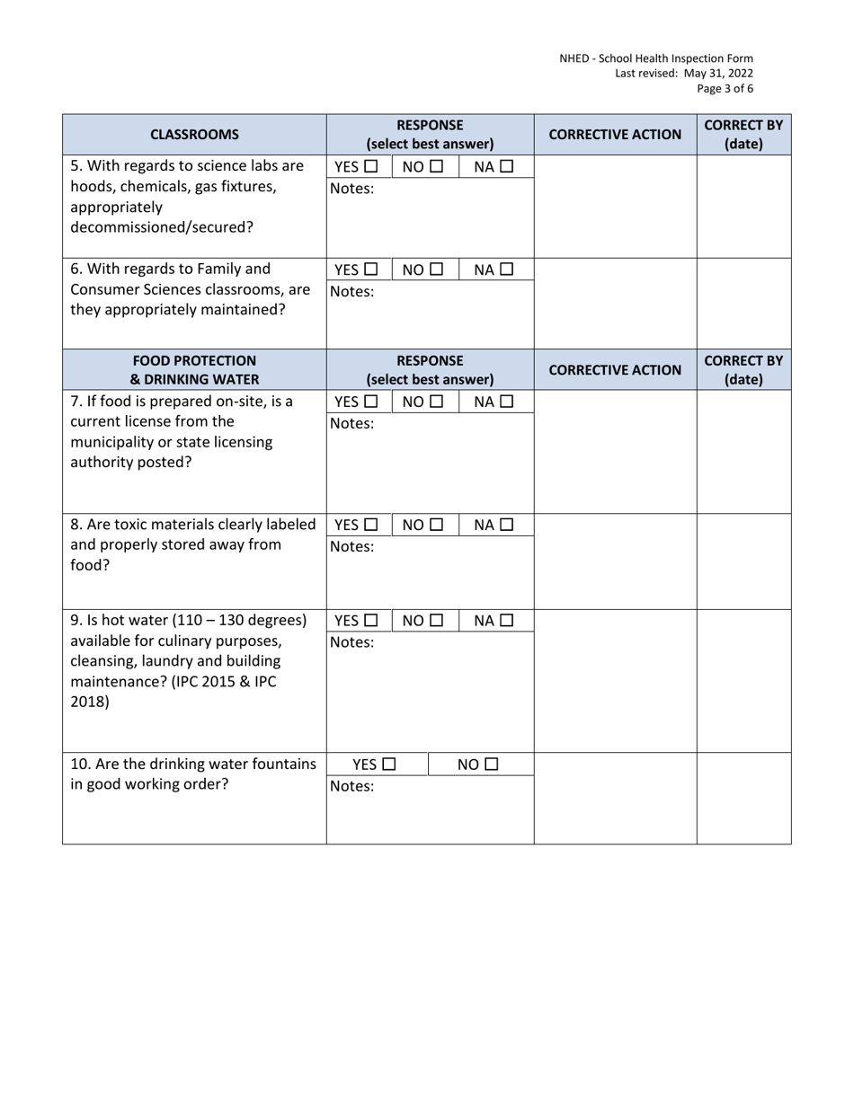 School Health Inspection Form - New Hampshire, Page 3