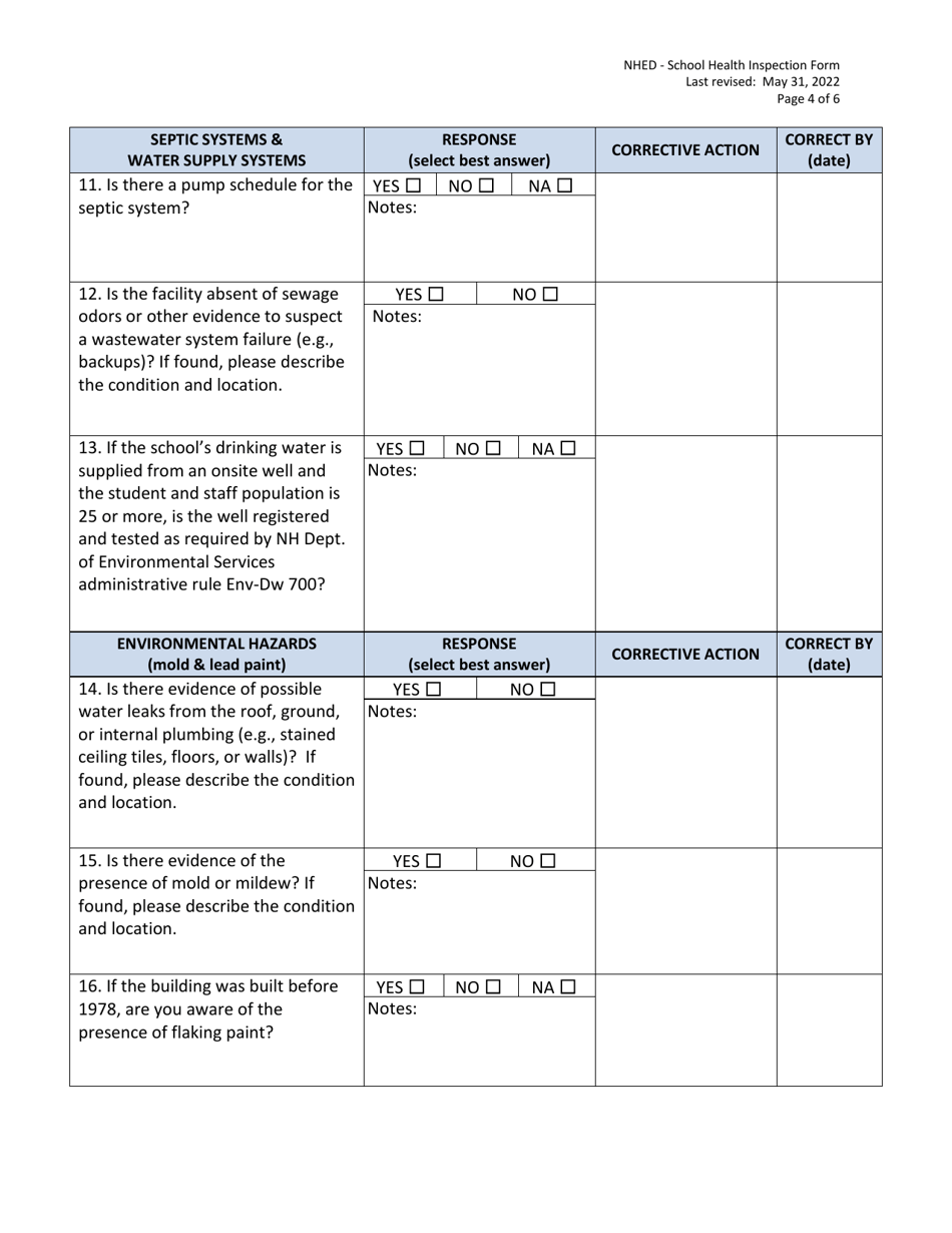 School Health Inspection Form - New Hampshire, Page 4