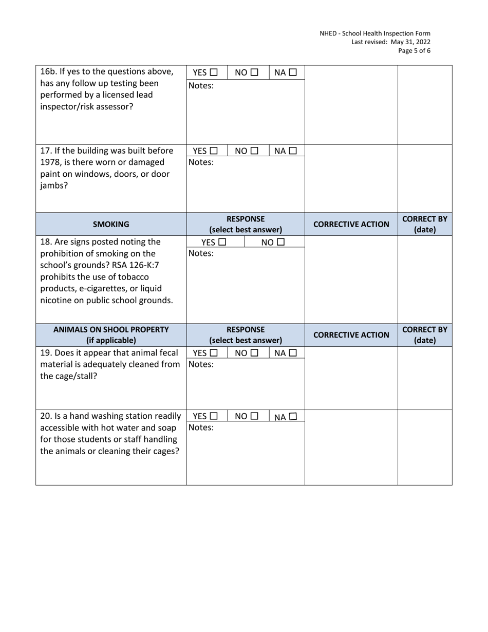 New Hampshire School Health Inspection Form Download Fillable PDF ...