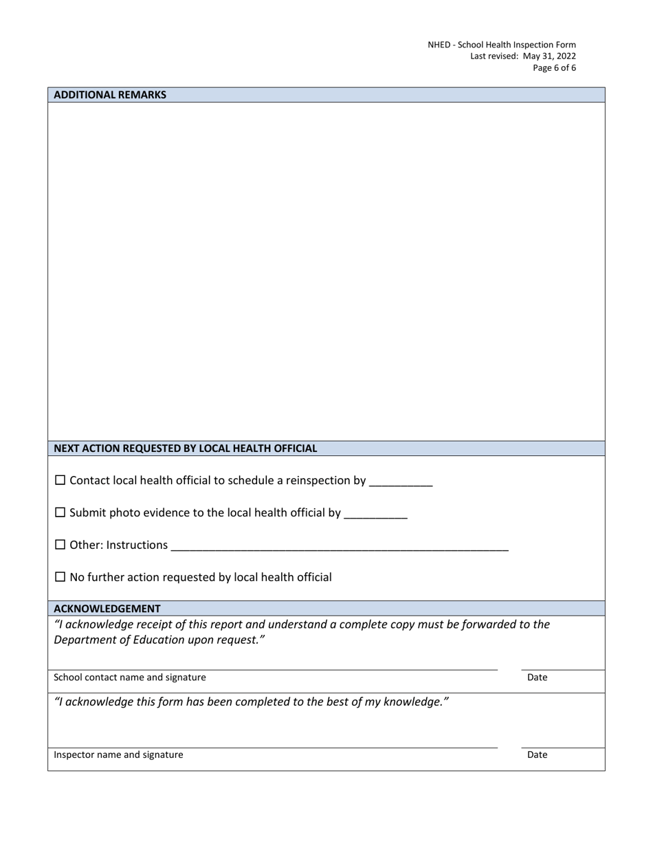 School Health Inspection Form - New Hampshire, Page 6