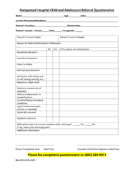 Document preview: Hampstead Hospital Child and Adolescent Referral Questionairre - New Hampshire