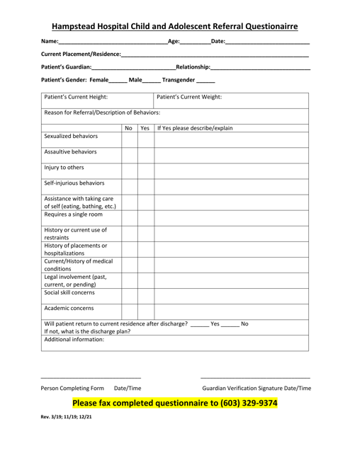 Hampstead Hospital Child and Adolescent Referral Questionairre - New Hampshire Download Pdf