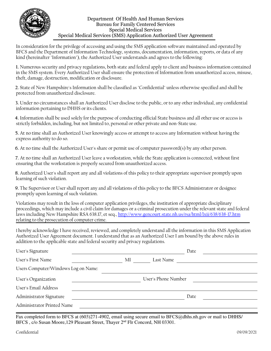 Special Medical Services (Sms) Application Authorized User Agreement - New Hampshire, Page 1