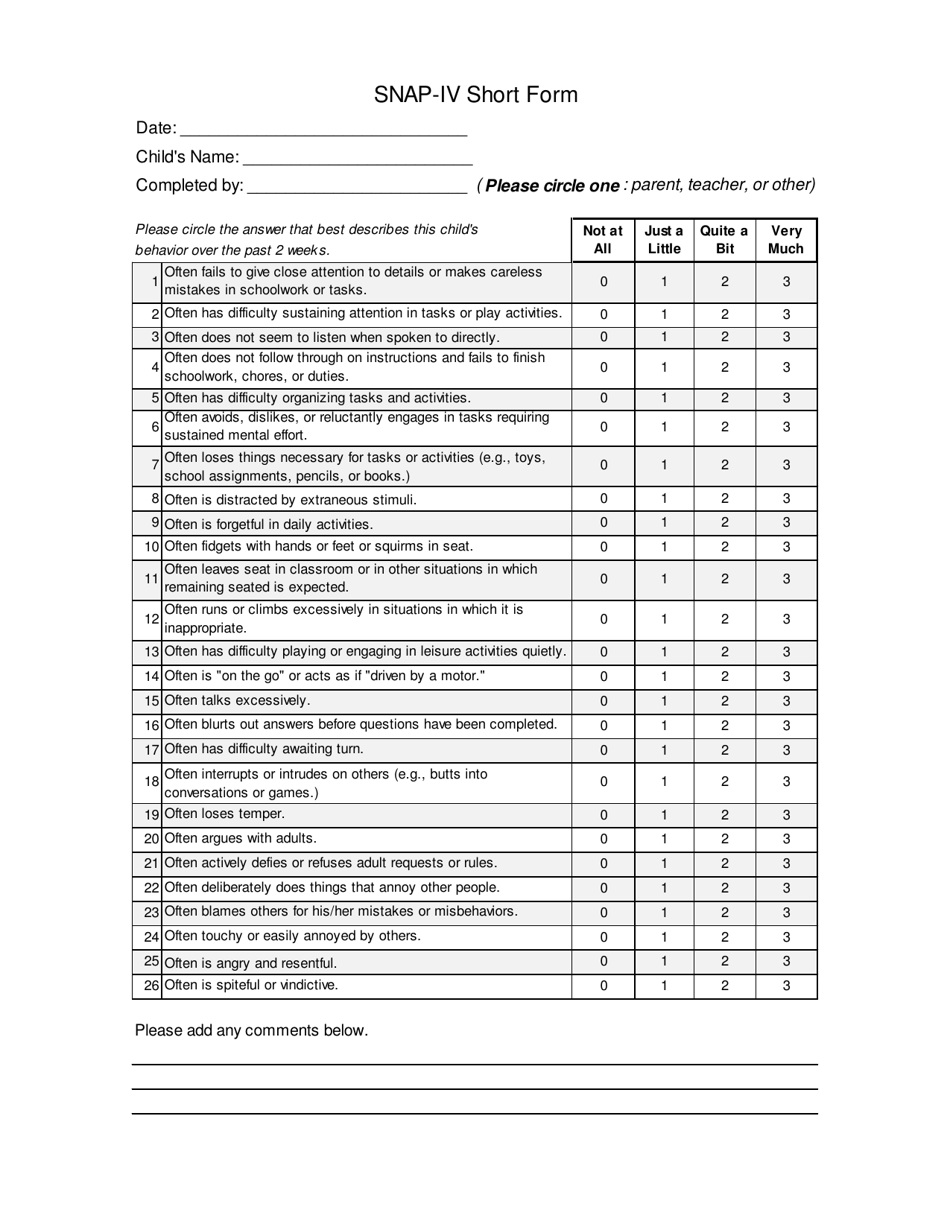 Escala Snap-iv Para Imprimir - BRAINCP