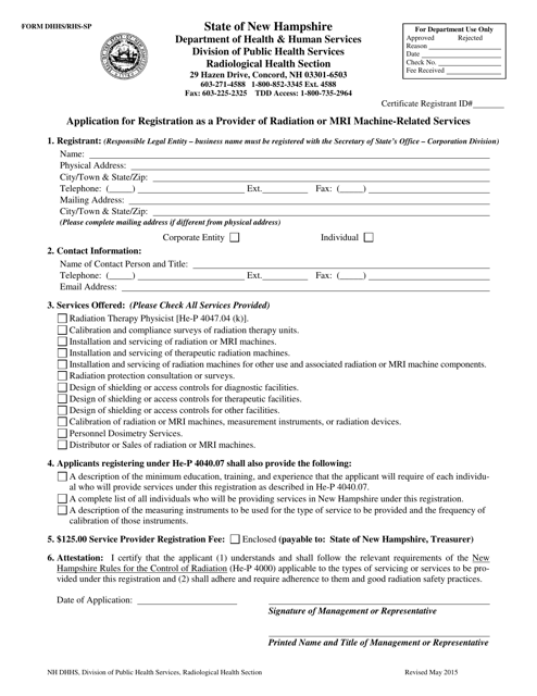 Form DHHS/RHS-SP Application for Registration as a Provider of Radiation or Mri Machine-Related Services - New Hampshire