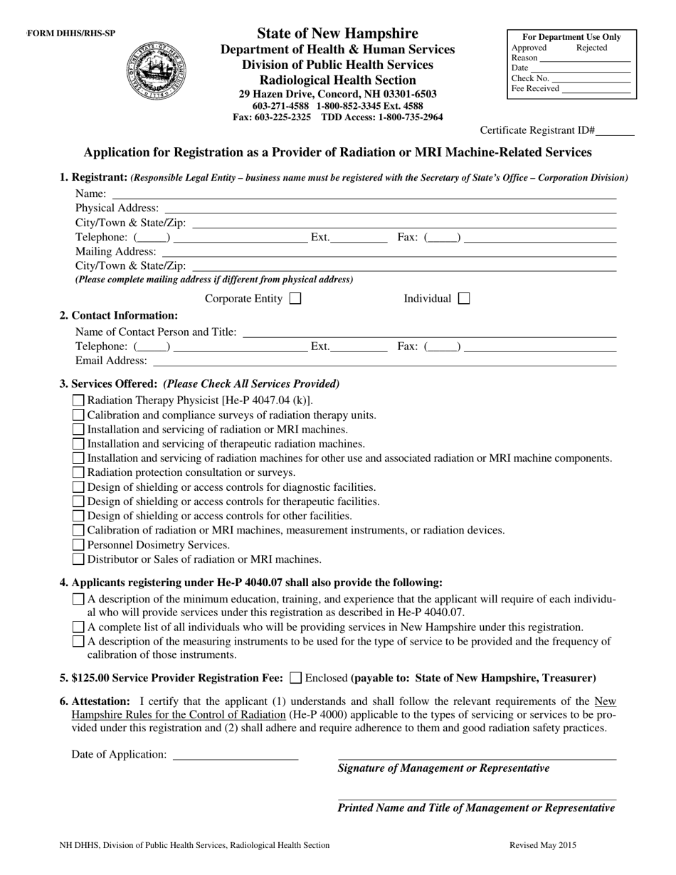 Form DHHS / RHS-SP Application for Registration as a Provider of Radiation or Mri Machine-Related Services - New Hampshire, Page 1