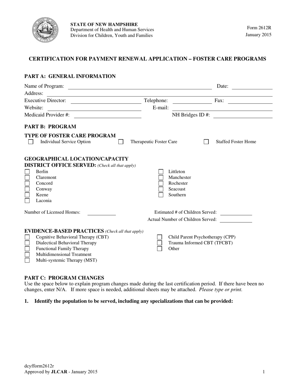Form 2612R Certification for Payment Renewal Application - Foster Care Programs - New Hampshire, Page 1