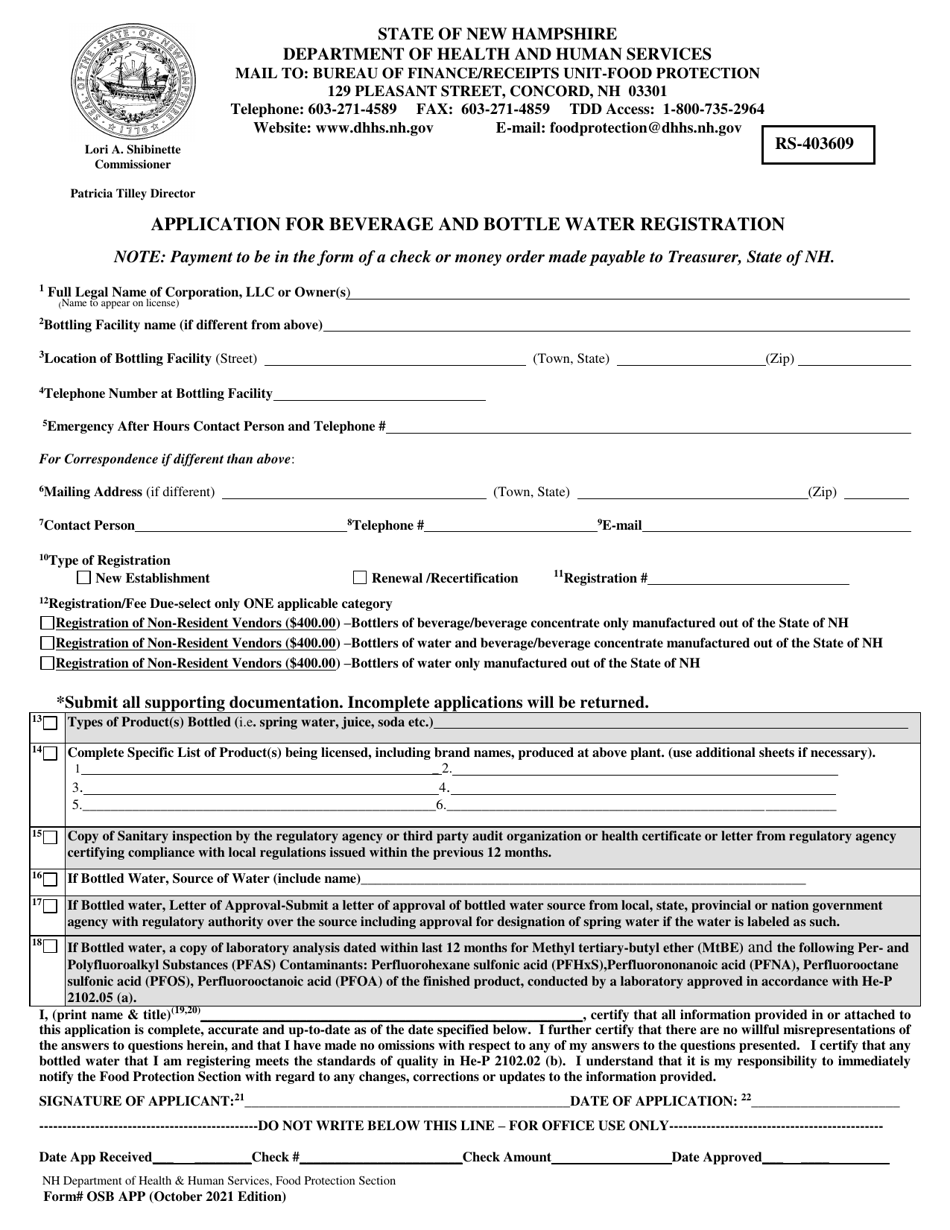 Form OSB APP Application for Beverage and Bottle Water Registration - New Hampshire, Page 1