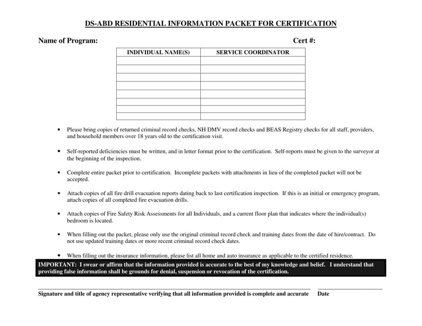 Ds-Abd Residential Information Packet for Certification - New Hampshire Download Pdf