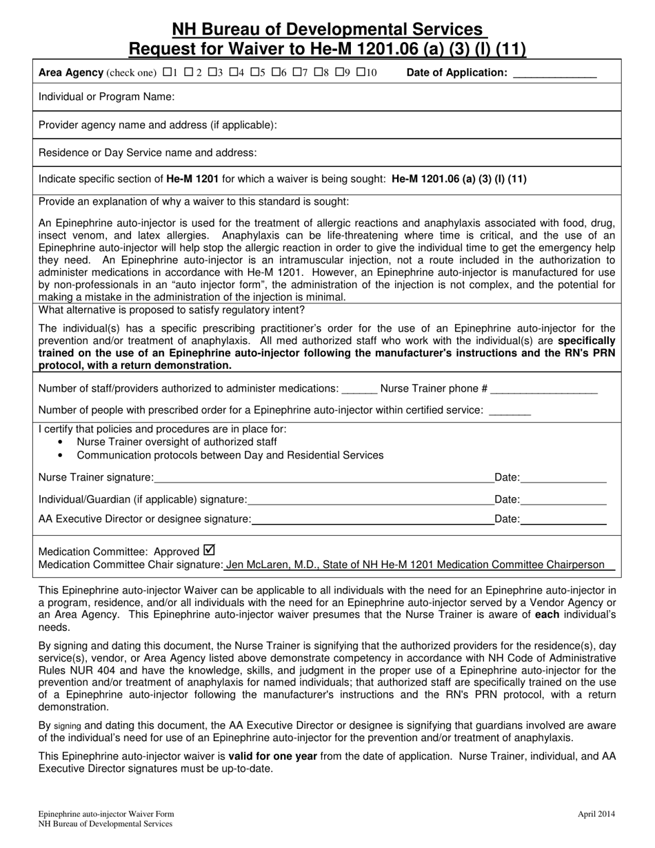 He-M Epinephrine Auto-injector Waiver - New Hampshire, Page 1