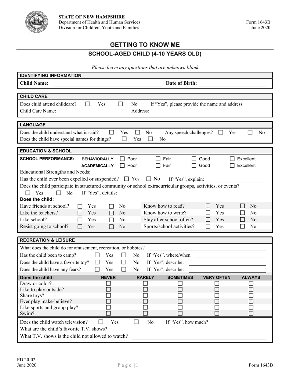Form 1643B Getting to Know Me - School-Aged Child (4-10 Years Old) - New Hampshire, Page 1