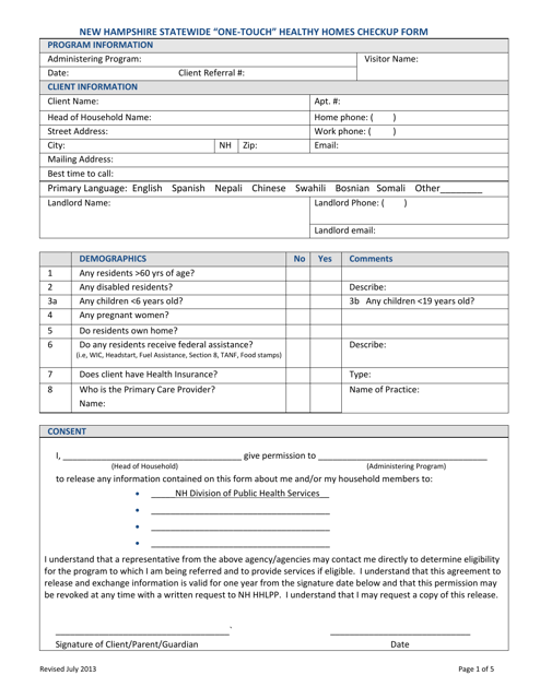 New Hampshire Statewide "one-touch" Healthy Homes Checkup Form - New Hampshire Download Pdf