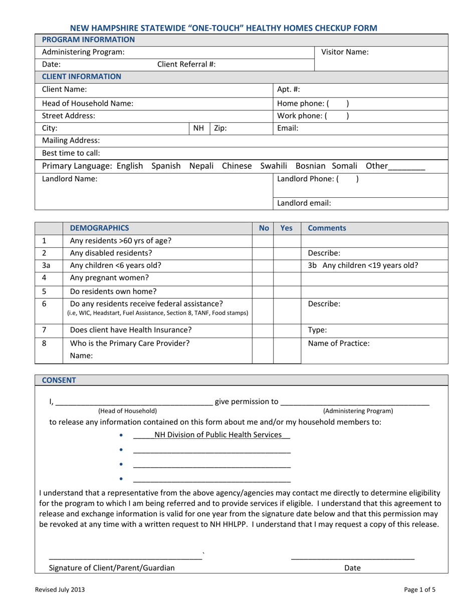 New Hampshire Statewide one-touch Healthy Homes Checkup Form - New Hampshire, Page 1