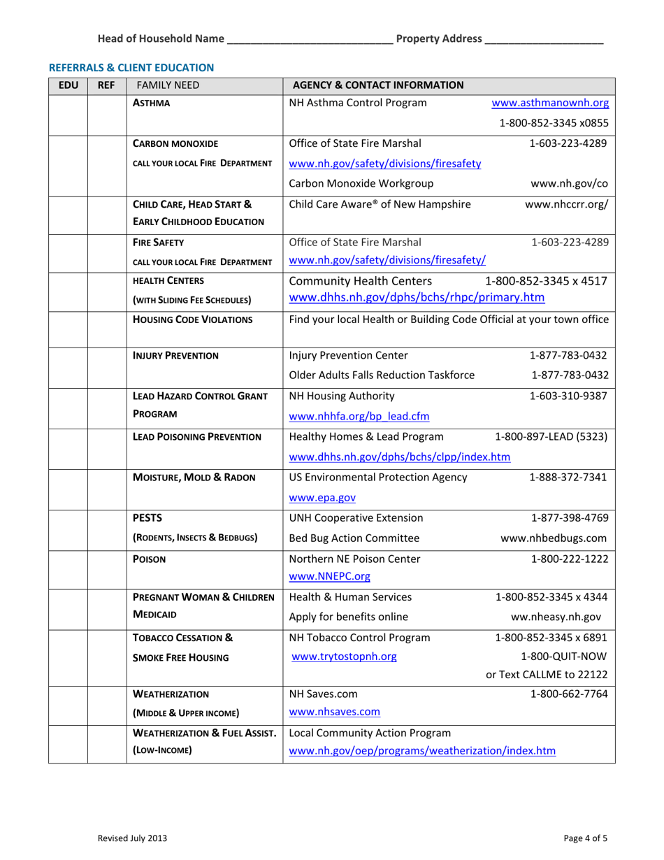 New Hampshire Statewide one-touch Healthy Homes Checkup Form - New Hampshire, Page 4