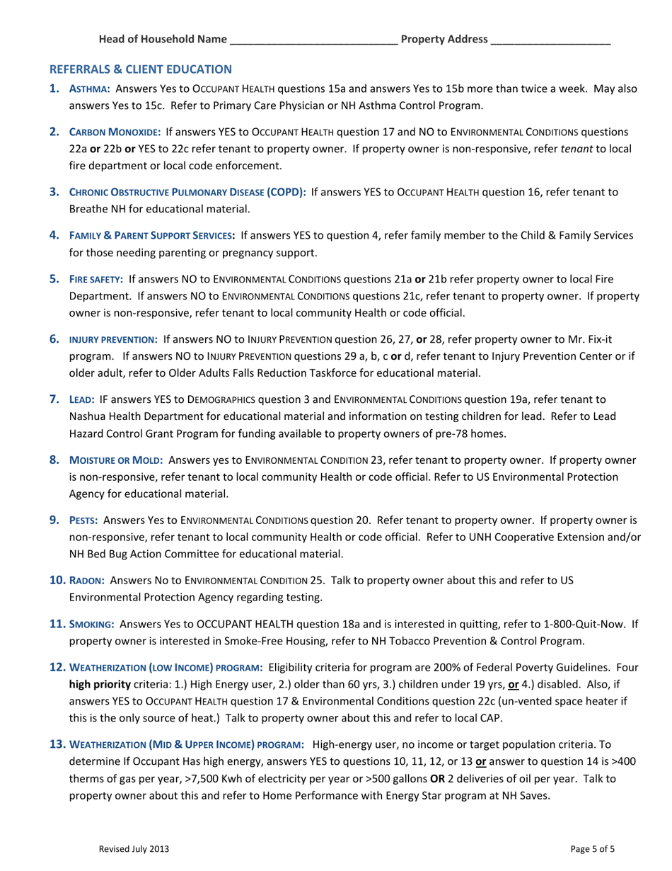 New Hampshire Statewide one-touch Healthy Homes Checkup Form - New Hampshire, Page 5