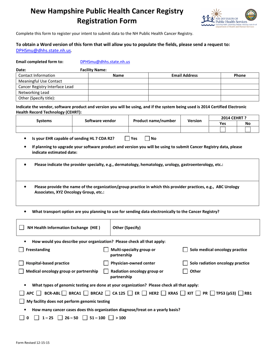 New Hampshire Public Health Cancer Registry Registration Form - New Hampshire, Page 1