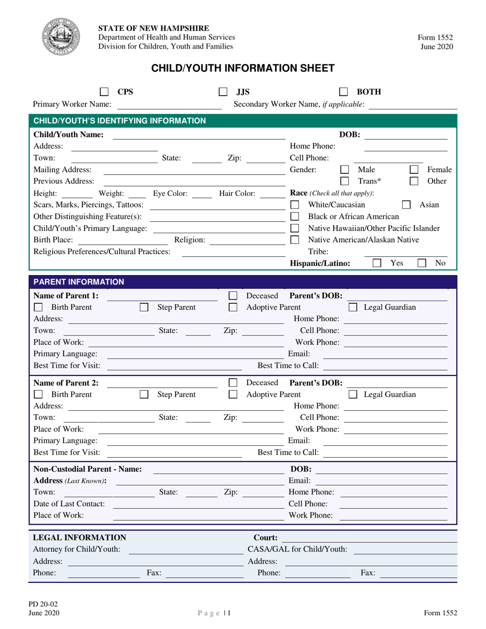 Form 1552 Child/Youth Information Sheet - New Hampshire, Page 1