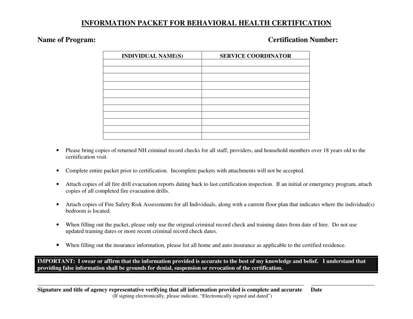 Information Packet for Behavioral Health Certification - New Hampshire Download Pdf