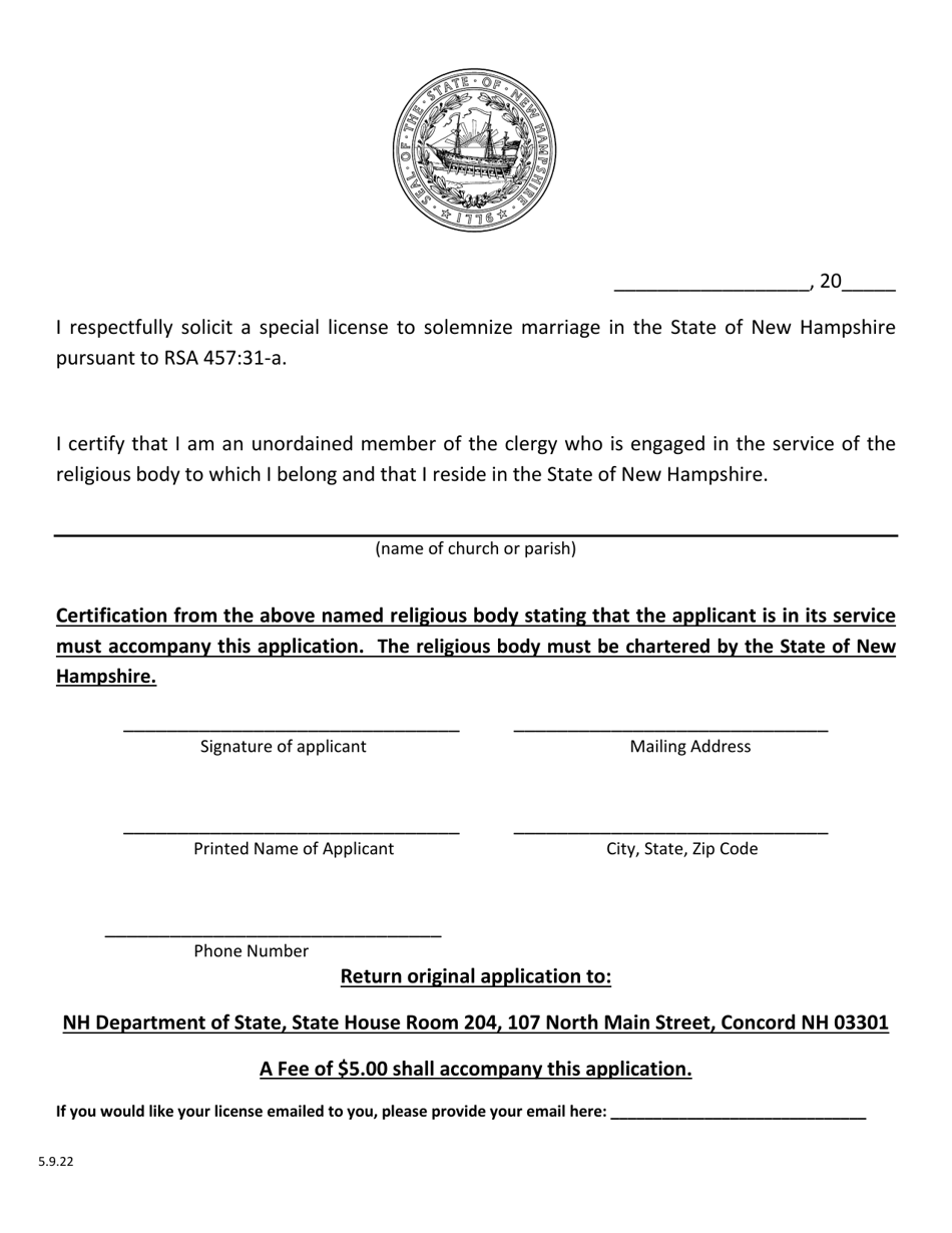 Special Marriage License Application - Unordained Clergy - New Hampshire, Page 1