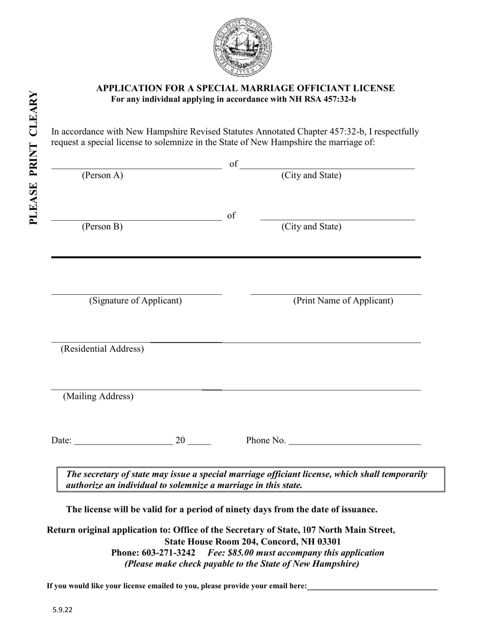 Application for a Special Marriage Officiant License - New Hampshire, Page 1