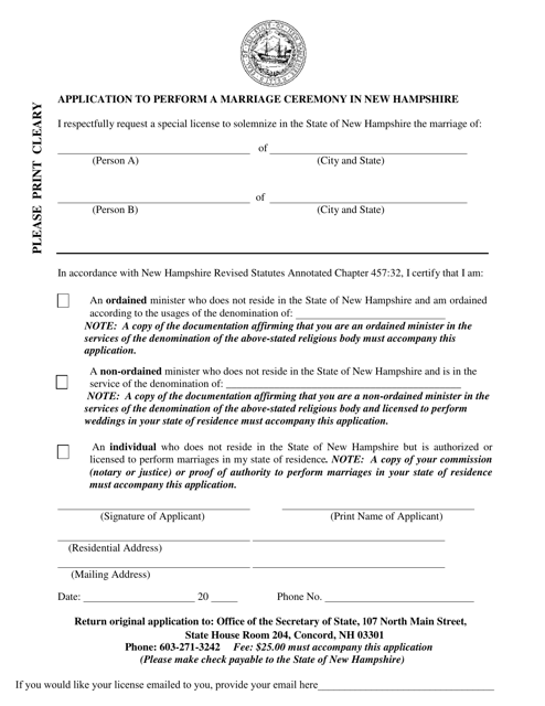 Application to Perform a Marriage Ceremony in New Hampshire - New Hampshire Download Pdf