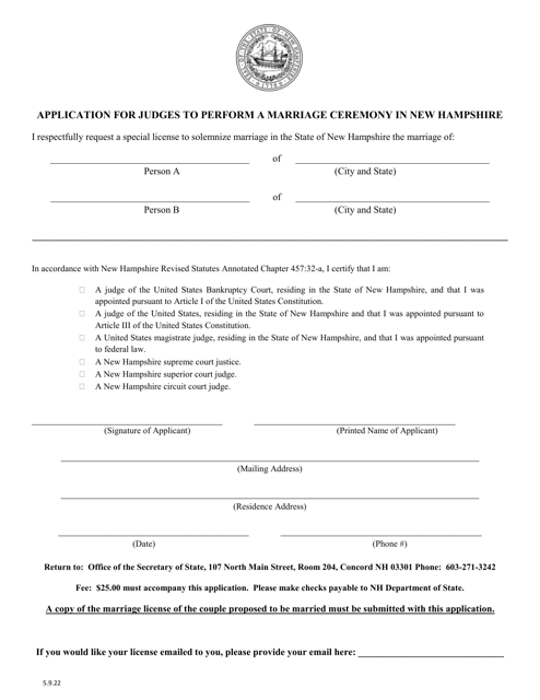 Application for Judges to Perform a Marriage Ceremony in New Hampshire - New Hampshire