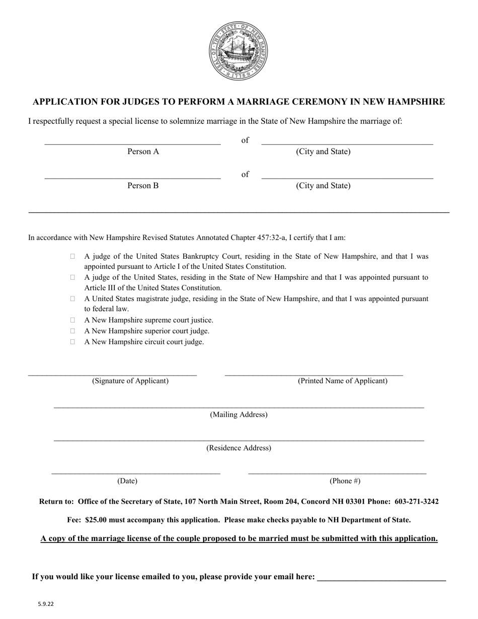 Application for Judges to Perform a Marriage Ceremony in New Hampshire - New Hampshire, Page 1