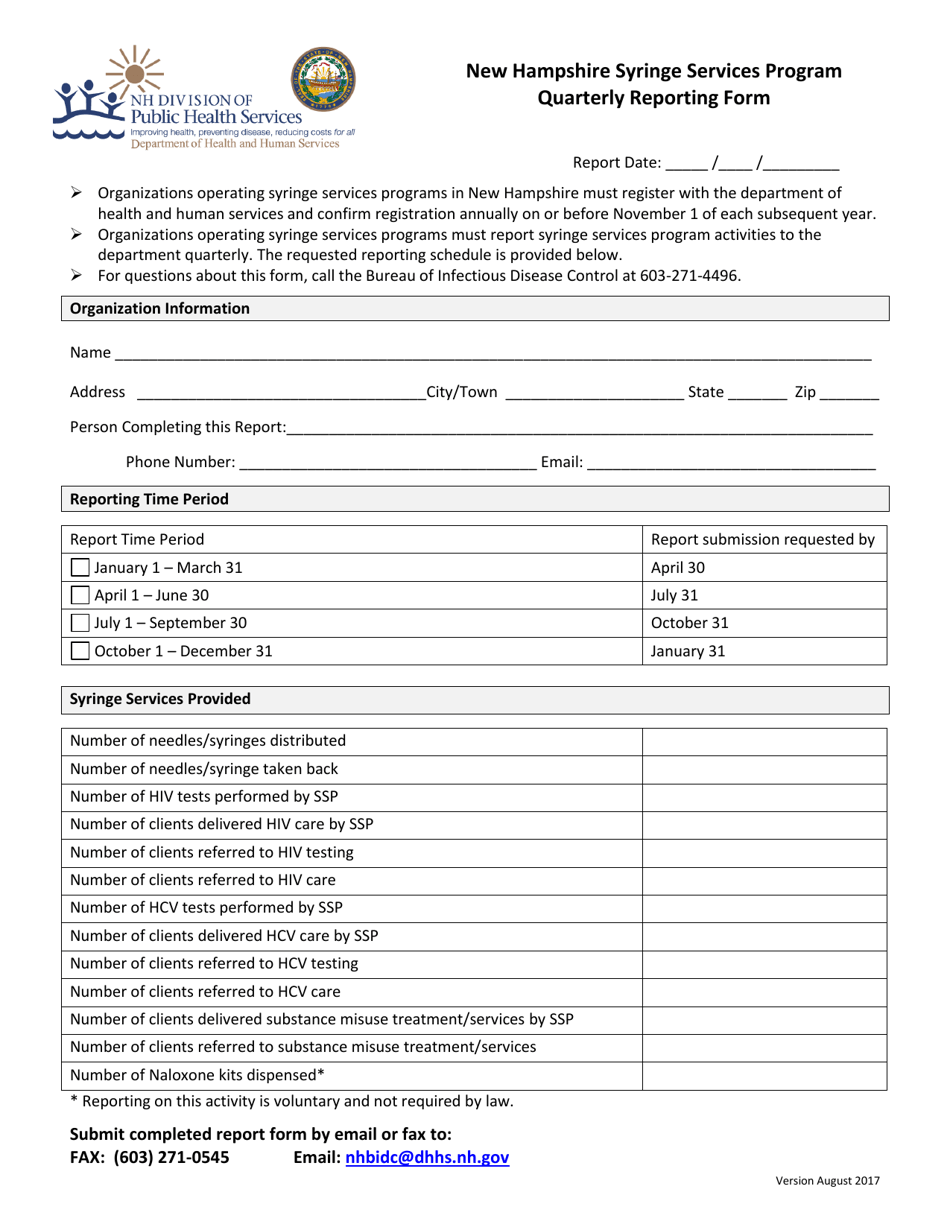 Quarterly Reporting Form - New Hampshire Syringe Services Program - New Hampshire, Page 1