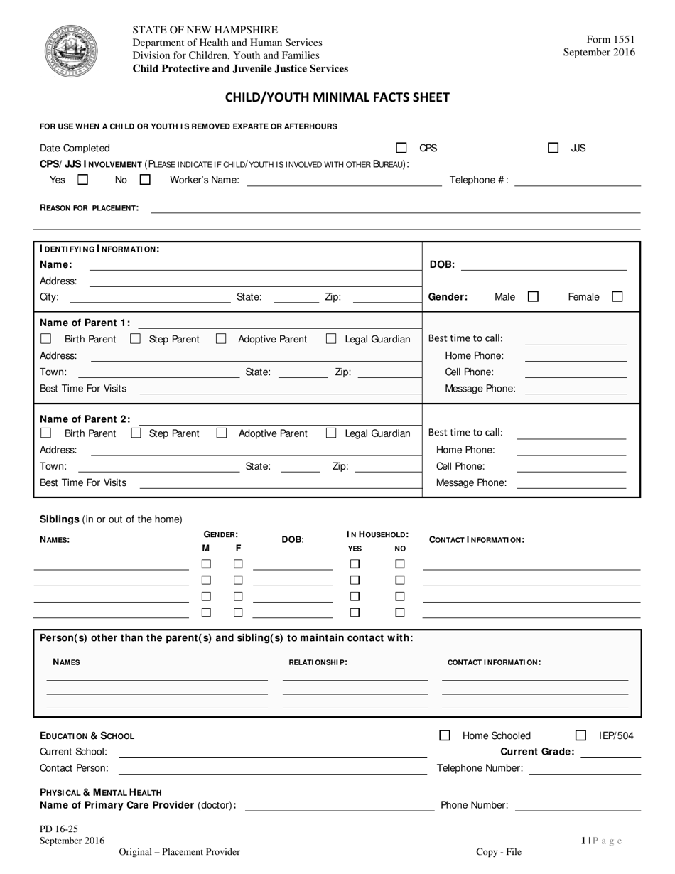 Form 1551 Child / Youth Minimal Facts Sheet - New Hampshire, Page 1