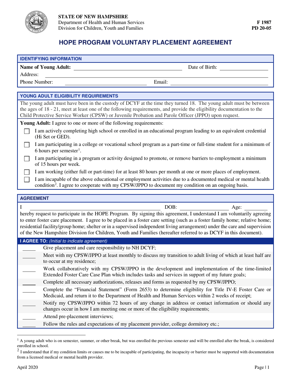 Form 1987 Voluntary Placement Agreement - Hope Program - New Hampshire, Page 1