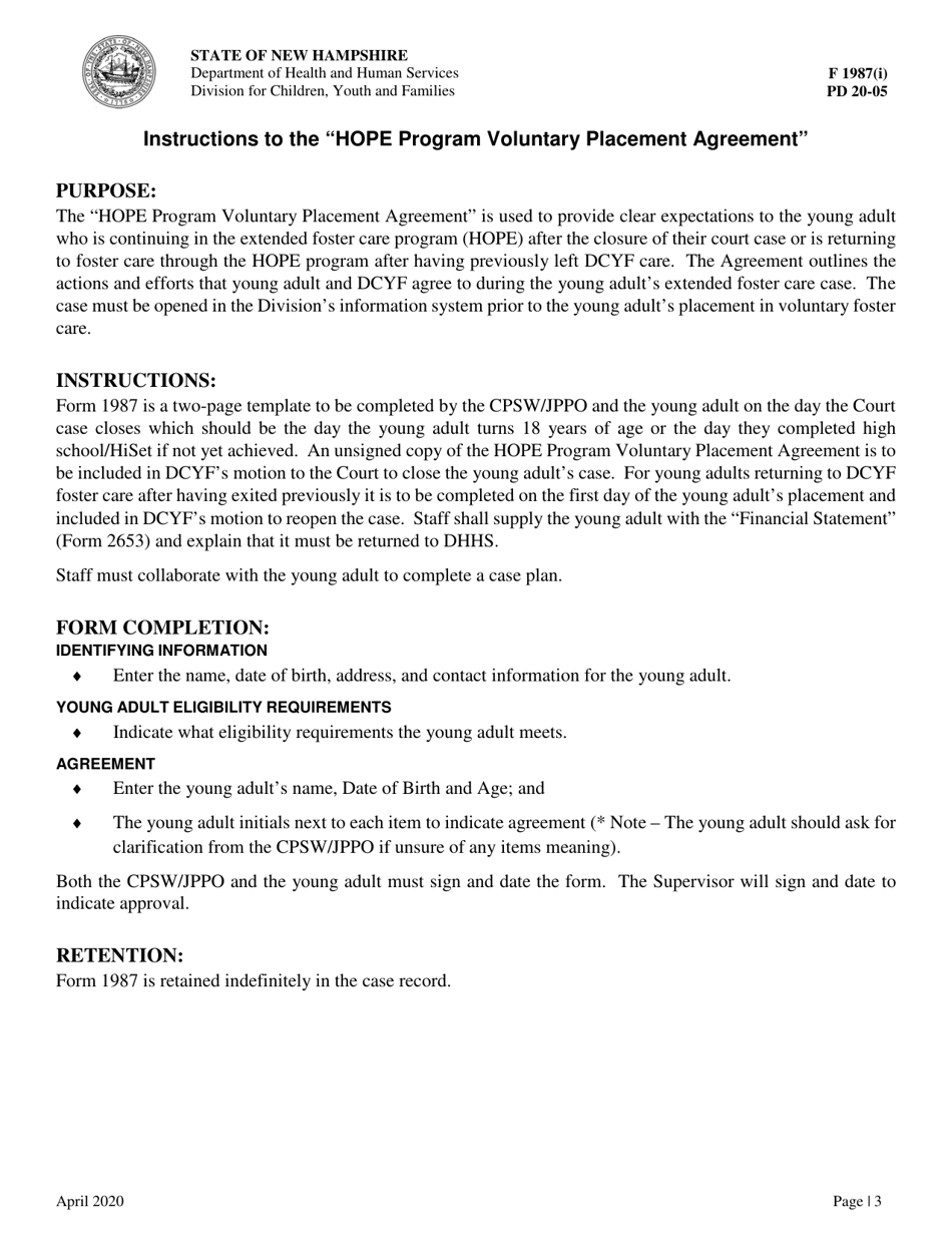 Form 1987 Voluntary Placement Agreement - Hope Program - New Hampshire, Page 3