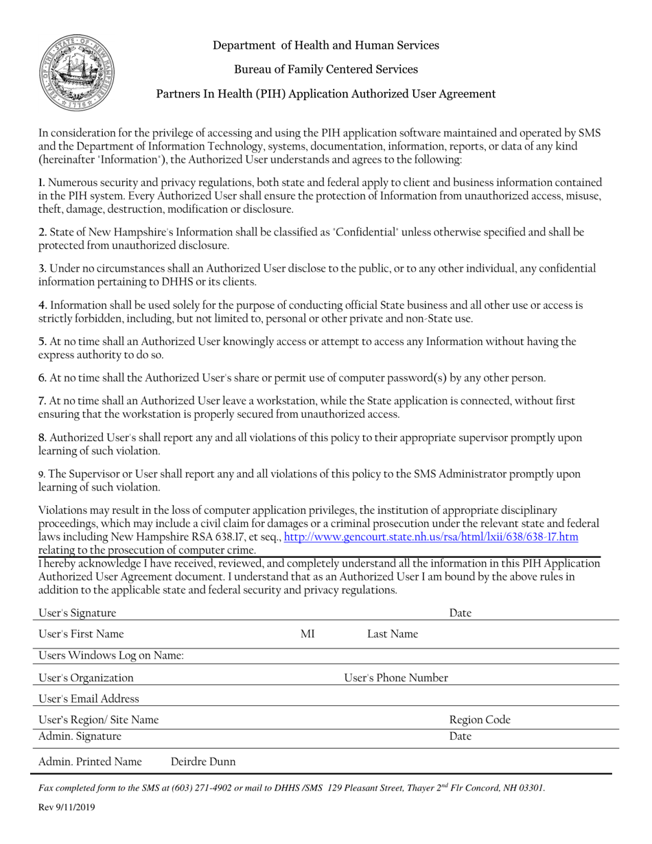 Partners in Health (Pih) Application Authorized User Agreement - New Hampshire, Page 1