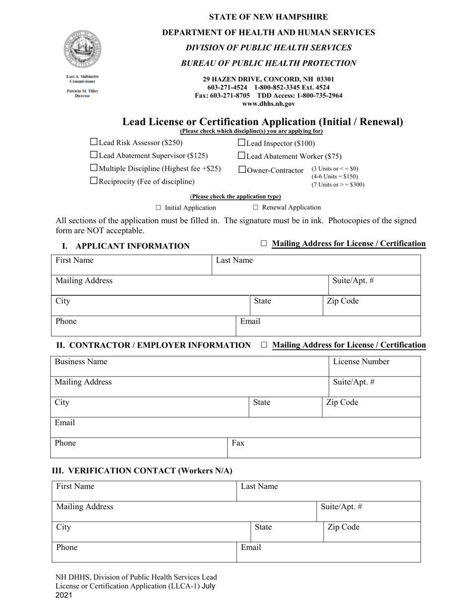 Form LLCA-1 Lead License or Certification Application (Initial / Renewal) - New Hampshire, Page 1