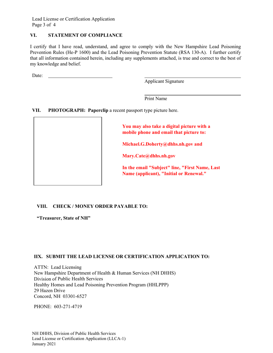 Form LLCA-1 Lead License or Certification Application (Initial / Renewal) - New Hampshire, Page 3