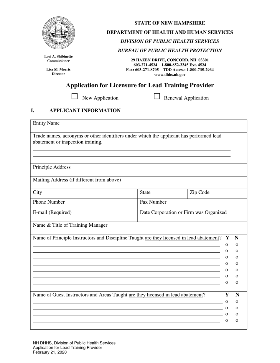 New Hampshire Application for Licensure for Lead Training Provider