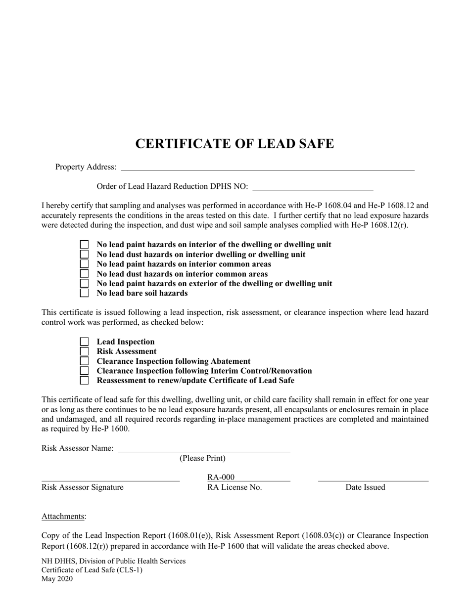 Form CLS-1 Certificate of Lead Safe - New Hampshire, Page 1