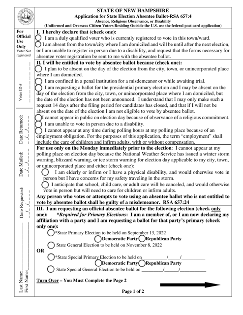 Application for State Election Absentee Ballot - New Hampshire Download Pdf