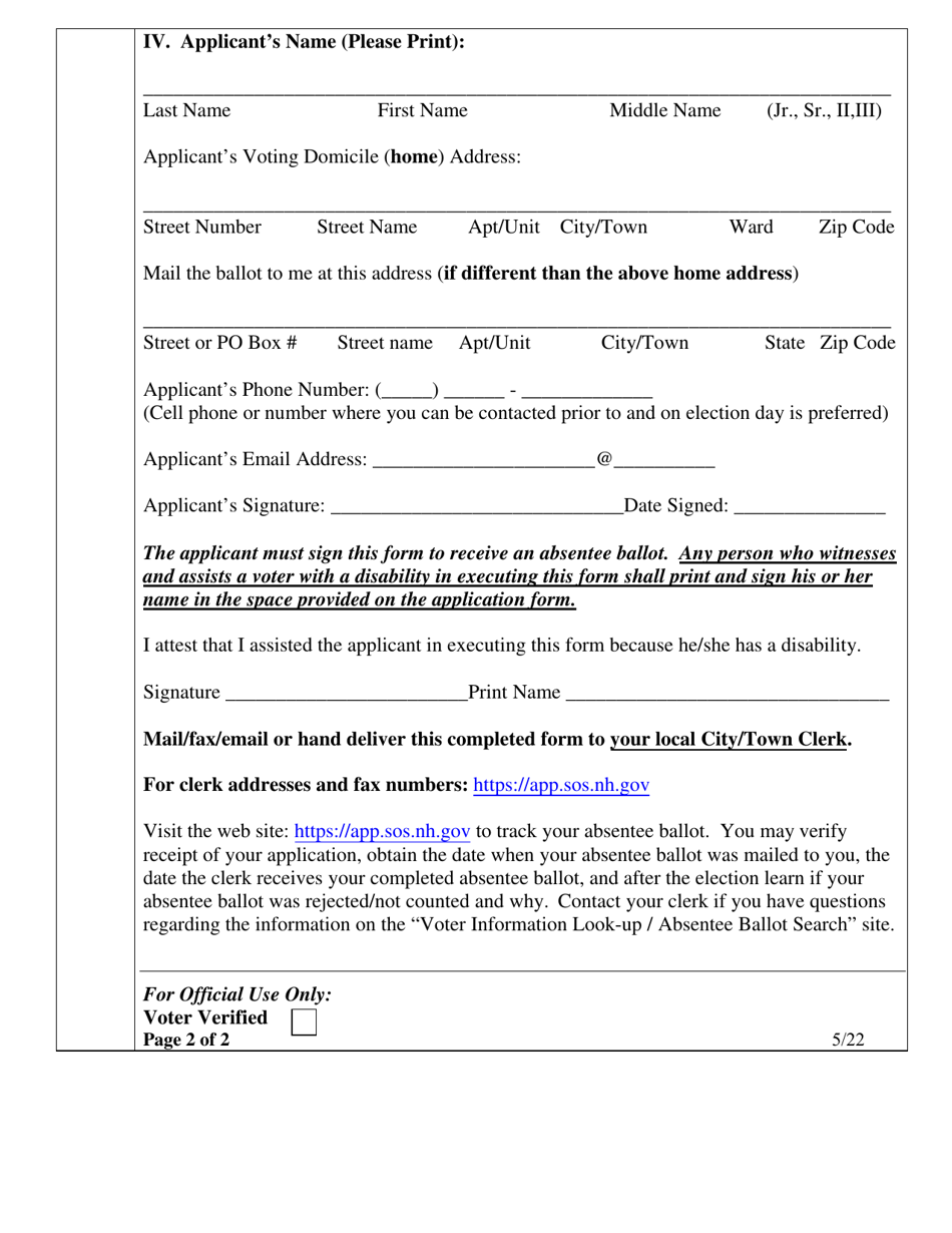 New Hampshire Application For State Election Absentee Ballot - Fill Out ...