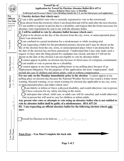 Application for Town / City Election Absentee Ballot - New Hampshire Download Pdf