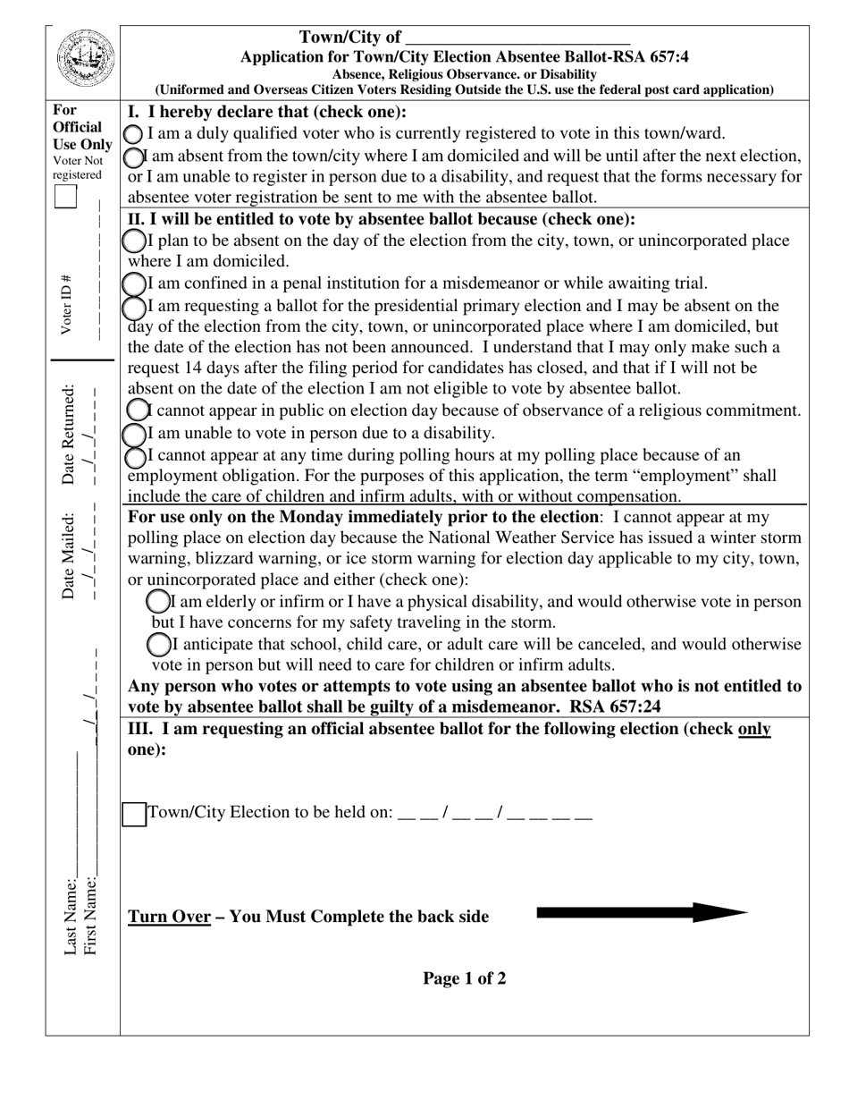 New Hampshire Application for Town/City Election Absentee Ballot