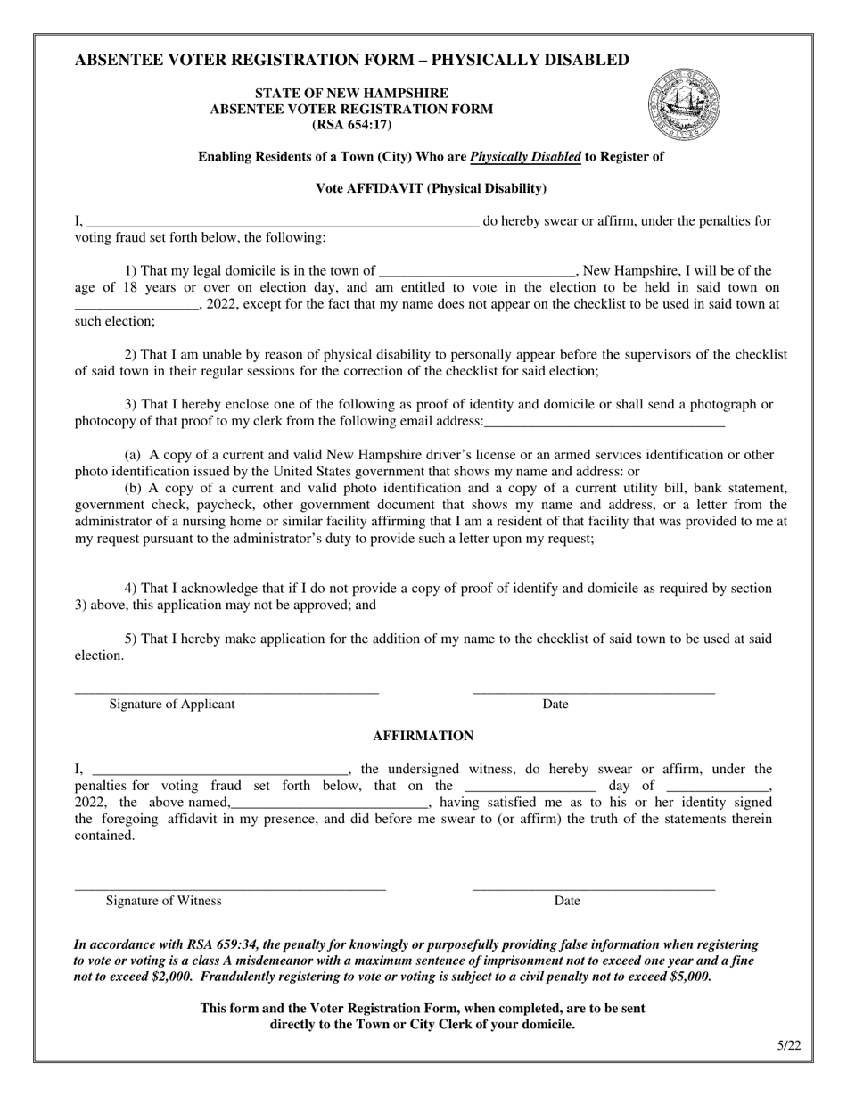 Absentee Voter Registration Form - Physically Disabled - New Hampshire, Page 1