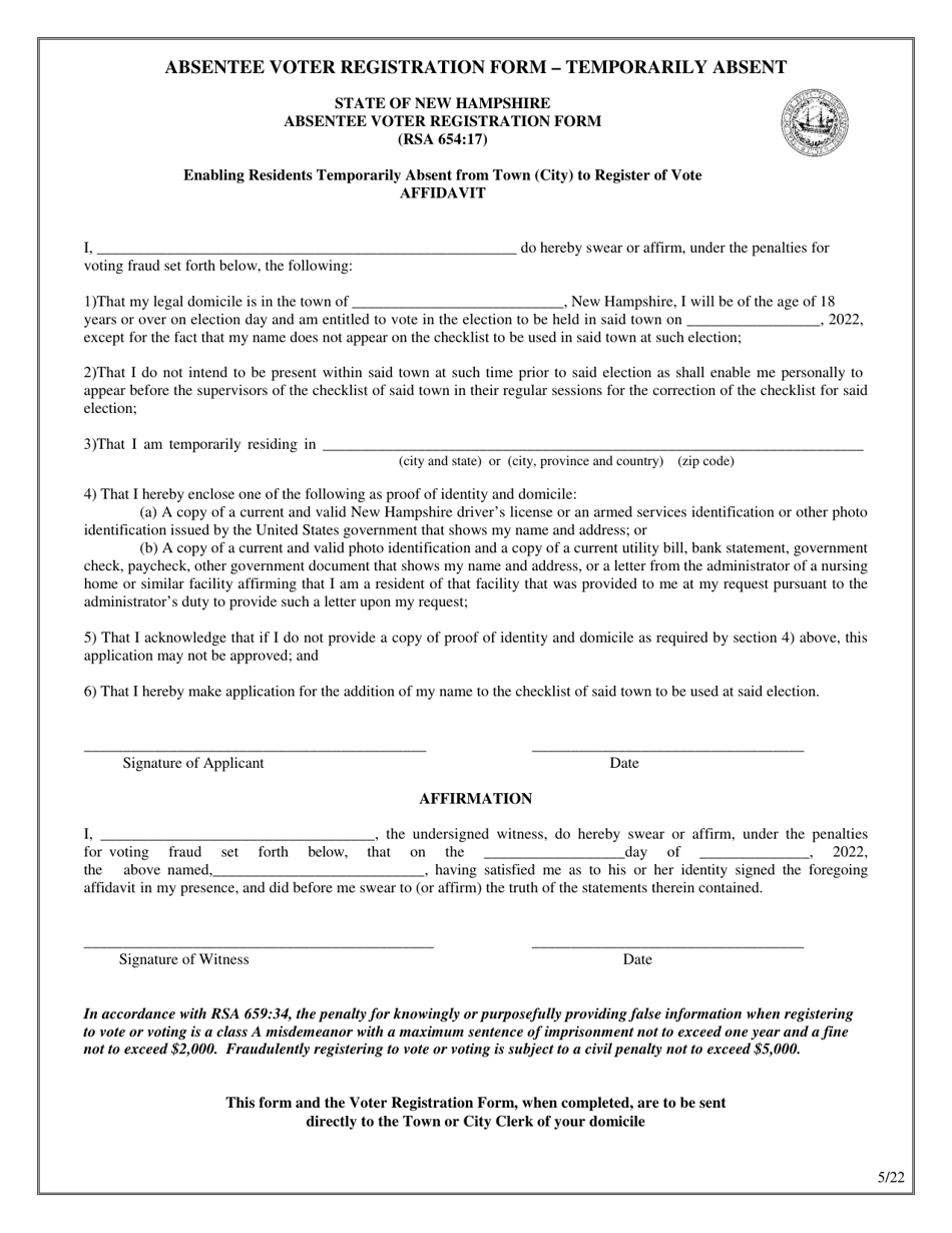 Absentee Voter Registration Form - Temporarily Absent - New Hampshire, Page 1