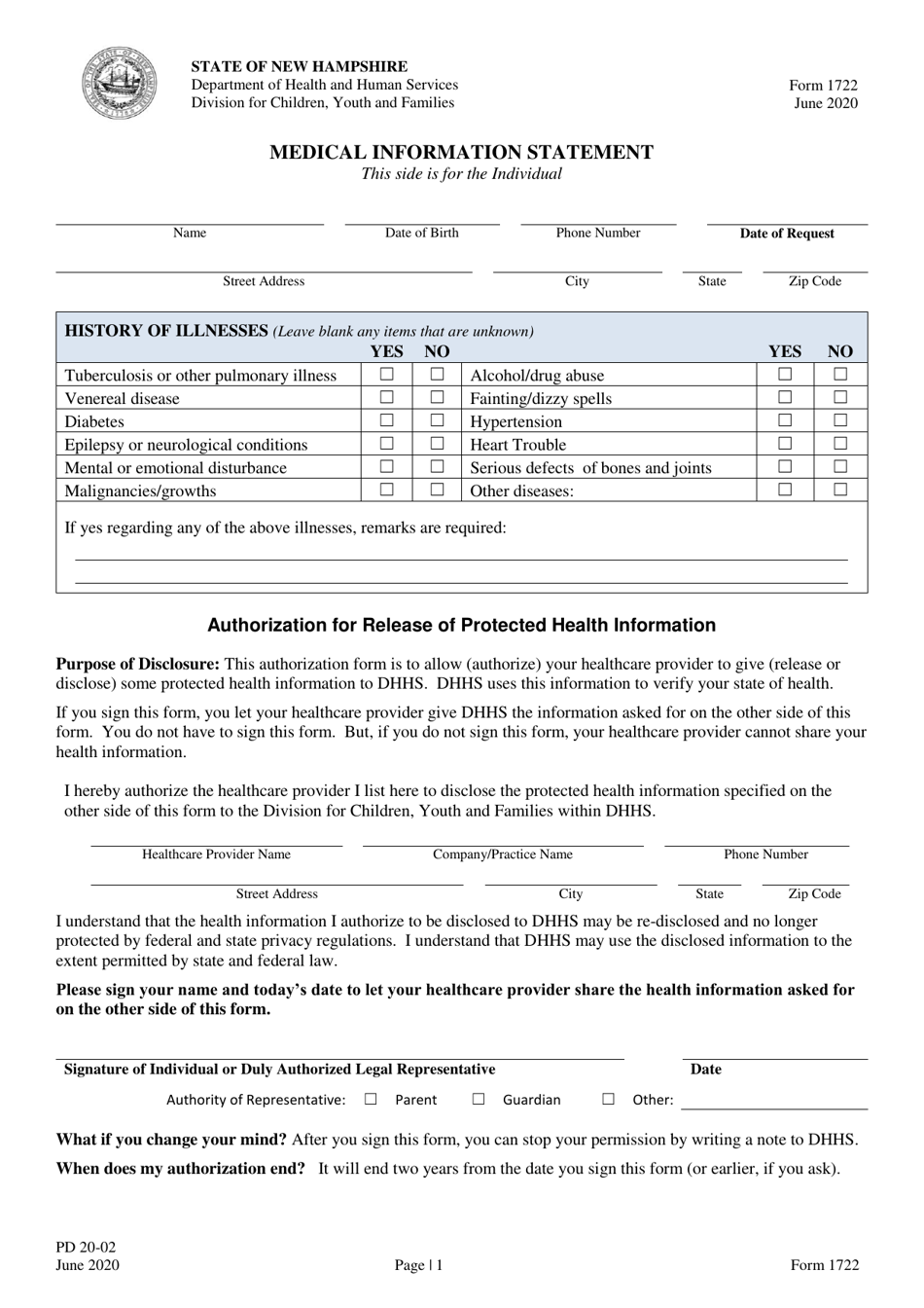 Form 1722 Medical Information Statement - New Hampshire, Page 1